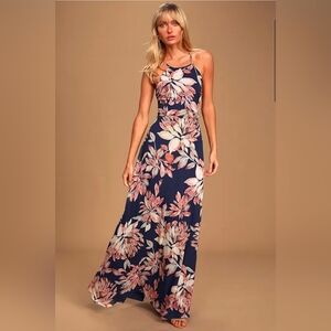 Lulus Adventure Seeker Navy Floral Maxi Dress Small
